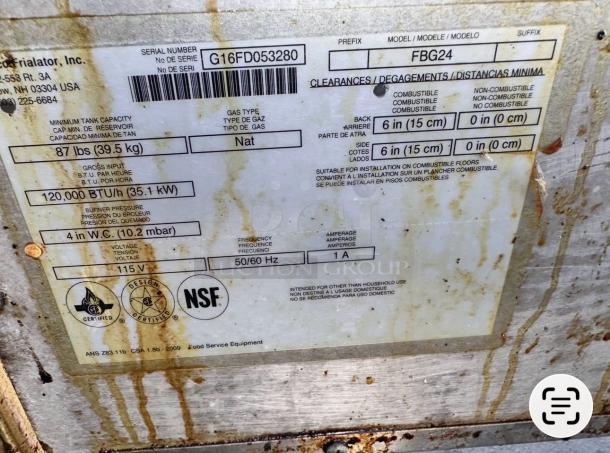 Pitco Commercial Gas Fryer label showing model FBG24, 120,000 BTU/hr, natural gas, 115V, NSF certified, stainless steel.