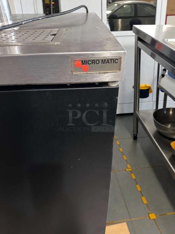 Micro Matic Commercial Beer Kegerator in stainless steel, dual tap system, outstanding condition, fully tested, Micro Matic logo visible.