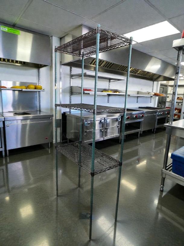 4-tier commercial wire shelving rack in excellent condition, heavy-duty, NSF style, fully inspected, model STO-S-RACK-0355.