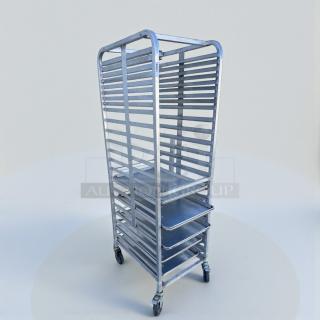 Commercial 20-tier aluminum sheet pan rack, heavy-duty, mobile, and in superior condition, fully inspected.