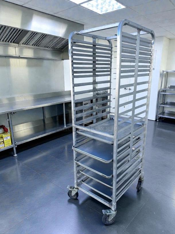 Commercial aluminum bakery sheet pan rack, 20-tier, heavy-duty, on wheels, superior condition, model BAK-S-RACK-0357.