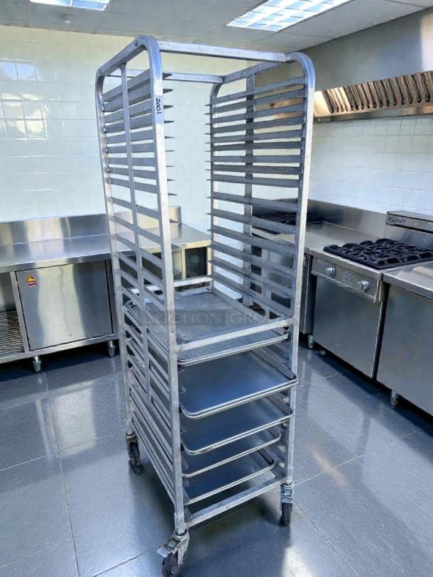 Commercial Aluminum Bakery 20-Tier Sheet Pan Rack, superior condition, heavy-duty, mobile, and fully inspected.