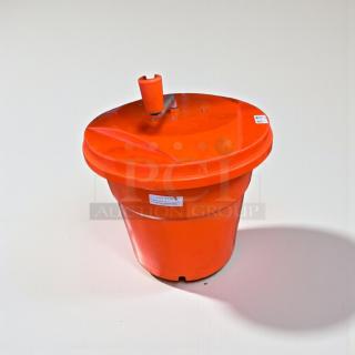 Orange commercial food-grade utility container with lid and drain valve, NSF certified, good condition, fully tested and operational.