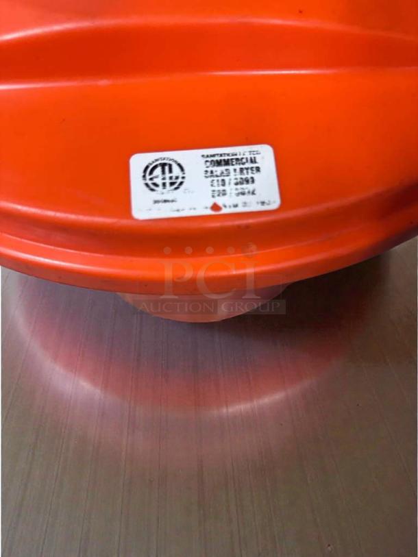 Orange commercial food-grade utility container with lid, NSF certified, model CFG-S-CONT-0365, features a drain valve.