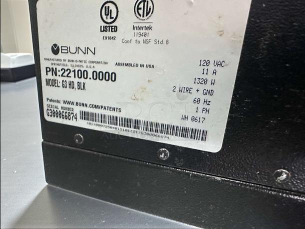 BUNN G3 HD BLK coffee grinder label; shows model, UL & NSF listing, 120V, 11A, 1320W, serial G300666874, made in USA.
