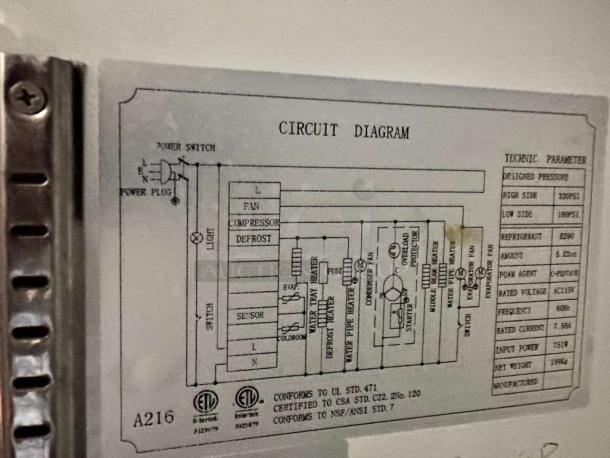 Circuit diagram for Commercial Refrigeration Equipment, Reach-In Double Door model. UL listed, fully tested, operational.