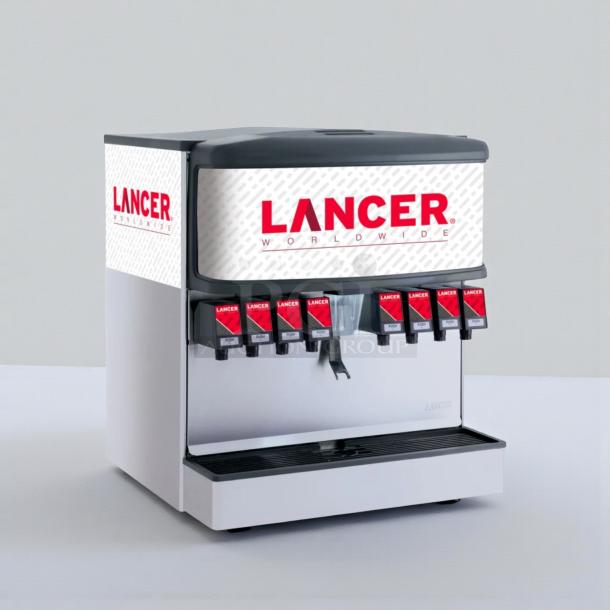 Lancer Coca-Cola 8-valve soda fountain dispenser, stainless steel, premium condition, UL listed, fully tested, Lancer branding.