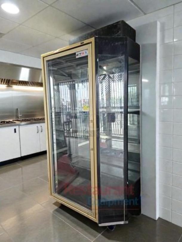 Pristine commercial glass door display refrigerator, single glass door, model GLS-L-REF-0379, fully tested and operational.