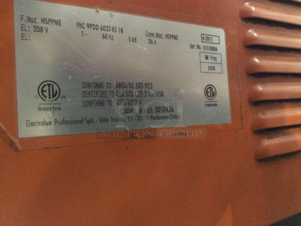 Electrolux Professional Pasta Machine HSPPME tag showing model, voltage, certifications, and serial number.