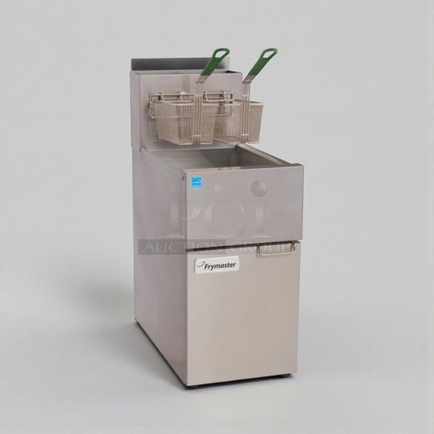 Frymaster commercial gas fryer, natural gas, refined condition. Model: Gas Floor Fryer. Stainless steel with twin fry baskets.