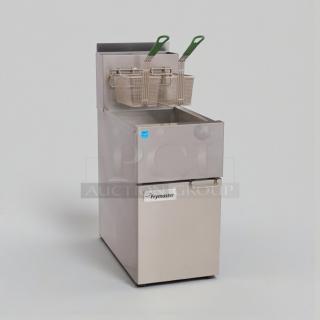 Frymaster commercial gas fryer, natural gas, refined condition. Model: Gas Floor Fryer. Stainless steel with twin fry baskets.