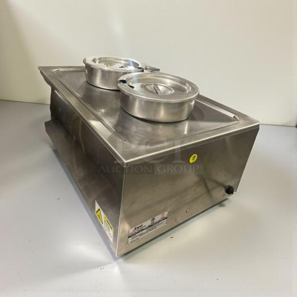 Winco FW-S500 electric food warmer, excellent condition, 120V, single-phase, dual pot, stainless steel, fully tested.