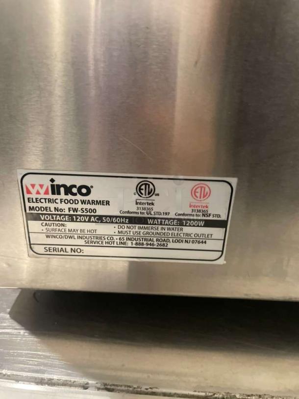 Winco FW-S500 Electric Food Warmer in excellent condition, 120V, single phase, 1200W, fully tested and working. Model FW-S500 label visible.