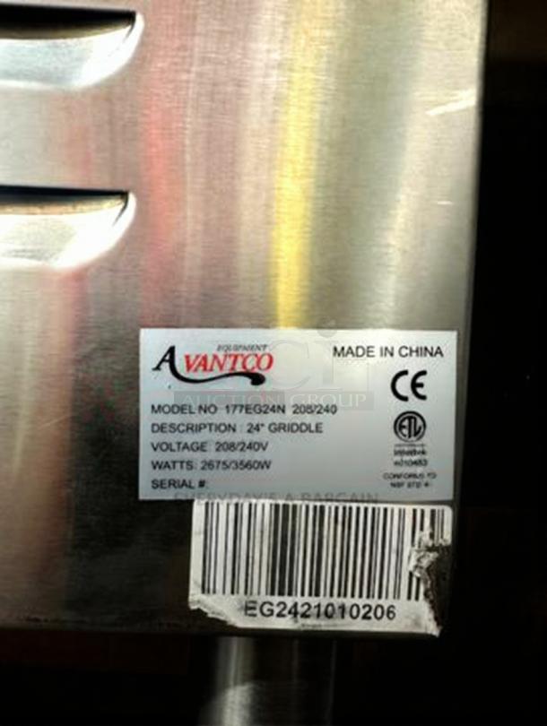 Avantco 177EG24N commercial electric griddle label, showing model, make, voltage, and certification markings.