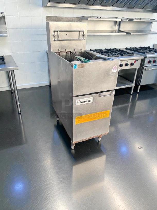 Pristine Frymaster 1ESG35T gas floor fryer, natural gas, fully tested, stainless steel, Frymaster logo visible.