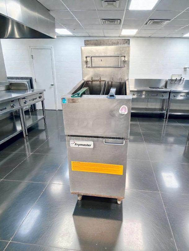 Frymaster 1ESG35T gas floor fryer in pristine condition, natural gas model, fully tested and working, with visible brand label.