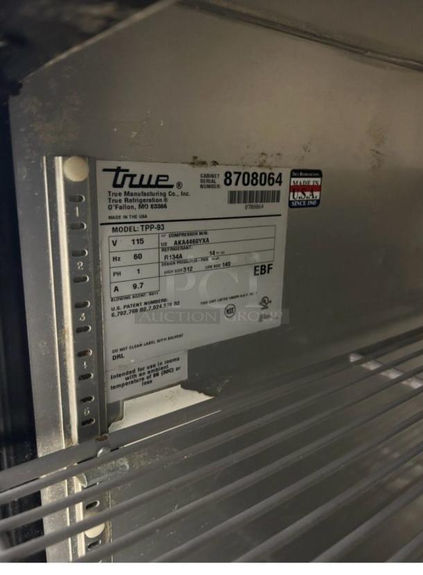 True TPP-93 refrigerated prep table label, showing model, voltage, refrigerant, and USA manufacturing details.