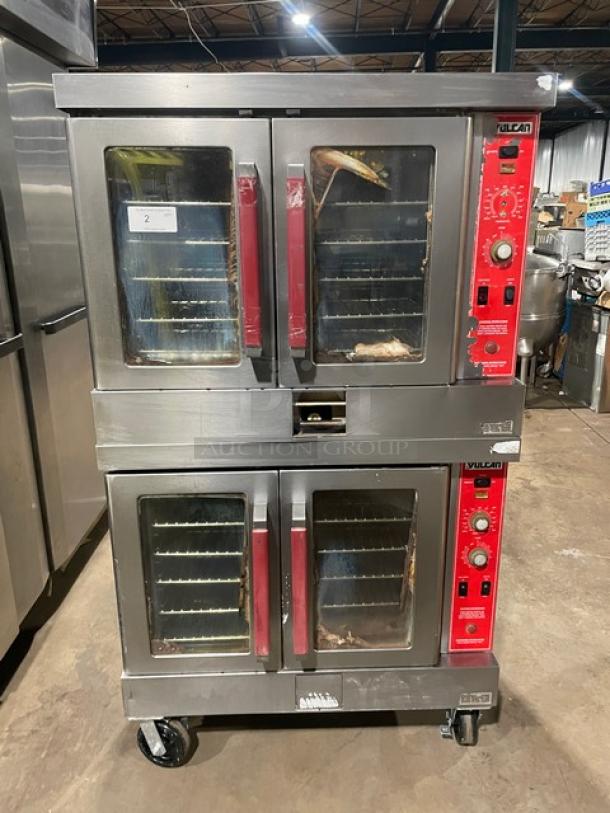 Vulcan Commercial Stainless Steel Gas Double Stacked Convection Oven, Model VC4GD-SEFCCC. Includes wired oven rack. On casters.