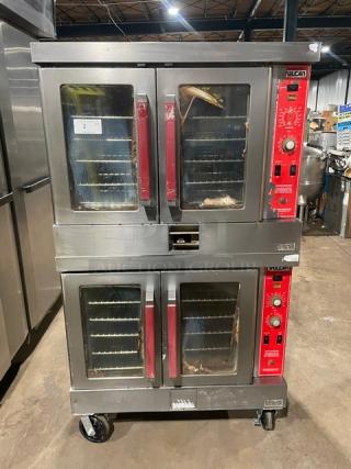 Vulcan Commercial Stainless Steel Gas Double Stacked Convection Oven, Model VC4GD-SEFCCC. Includes wired oven rack. On casters.