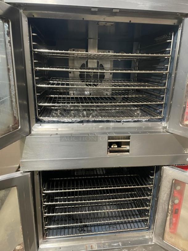 Vulcan VC4GD-SEFCCC gas convection oven, double stacked, stainless steel, wired oven rack, on casters, commercial use.