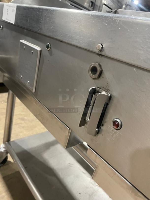 WoodStone stainless steel natural gas split top plancha griddle, model WSPL48364CT00NG, on casters with undershelf stand.