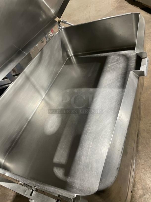 Groen NHFPE4 40-gal stainless steel natural gas braising pan, single spout faucet, on legs, used condition.