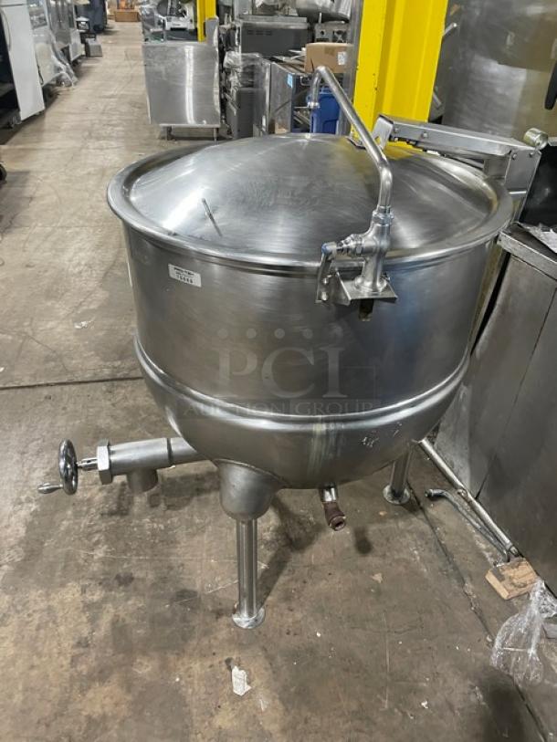 Groen Model FT-80 80 Gal. Stainless Steel Direct Steam Kettle with Tri-Leg Base, SN: 72285, in used condition.