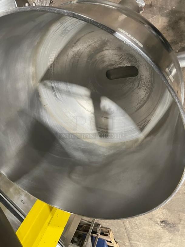 Groen FT80 80-gallon stainless steel direct steam kettle, 2/3 jacketed, tri-leg base, inside view, clean condition.