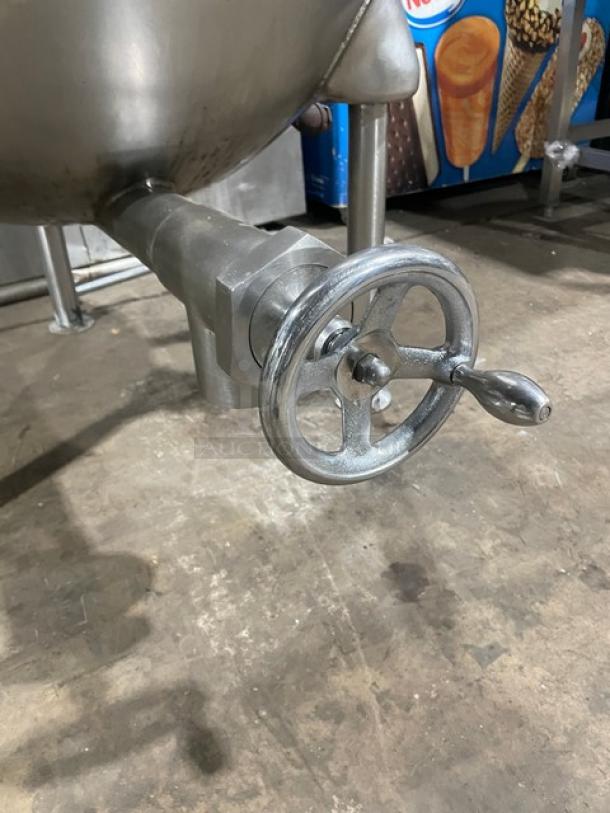 Groen FT-80 stainless steel steam kettle, 80-gallon capacity, tri-leg base, model FT-80, serial 72285, valve detail shown.