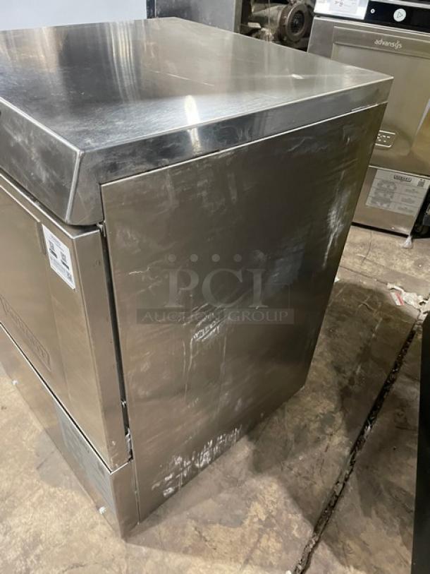 Hobart Advansys LXNR undercounter dishwasher, stainless steel, electric, model LXNR, scratches visible, Energy Star certified.