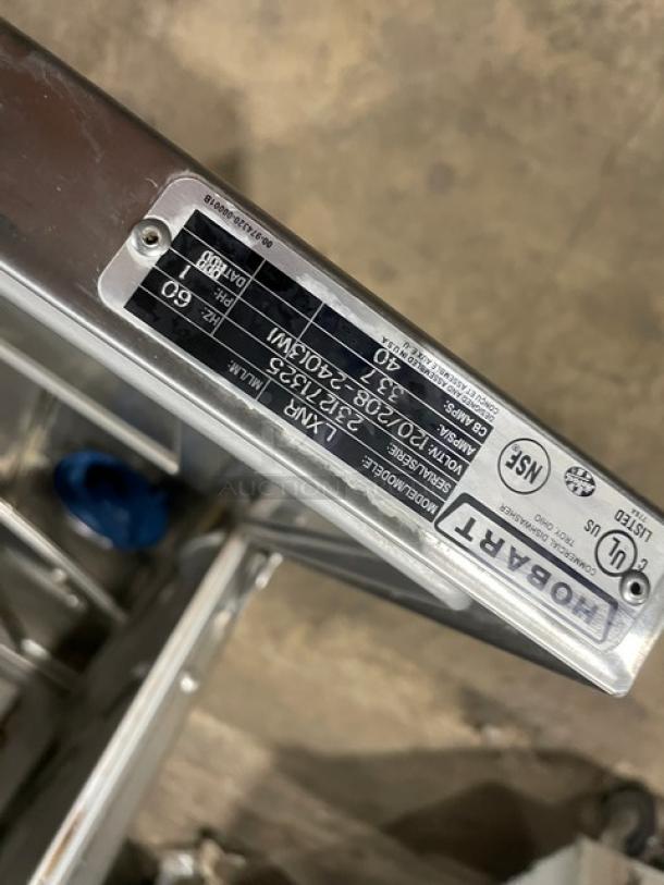 Hobart Advansys LXNR dishwasher, stainless steel, Energy Star certified, NSF/UL labels visible, serial number 231271325.
