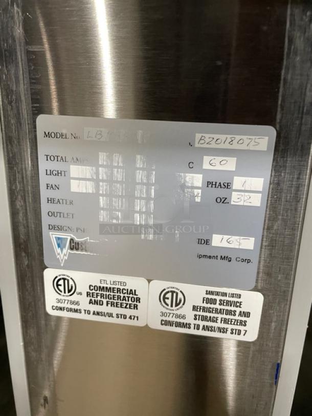 Custom Cool Stainless Steel 3-Door Refrigerated Worktop Table, Model LB93, SN B2018075, on casters with upturned backsplash and pan rack.