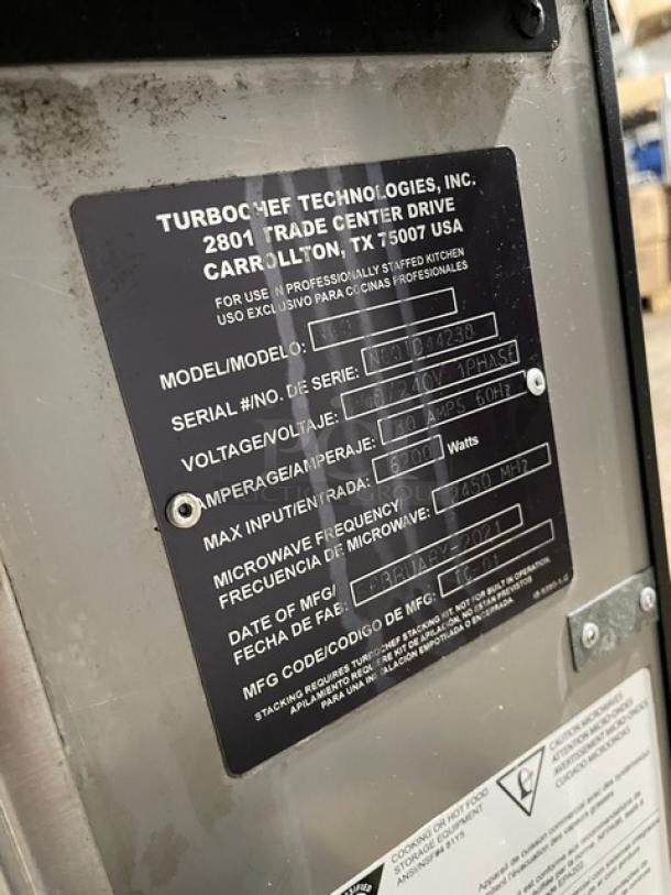 TurboChef NGO Turbo Oven data plate showing model NGO, serial NGOTD44230, 208/240V, 1-phase power specifications.