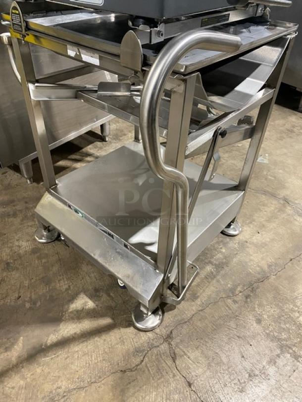 Hobart 2912 commercial electric meat slicer on new Deli Buddy cart. Features slicer-mounting, legs, casters; 120V, 1 phase.
