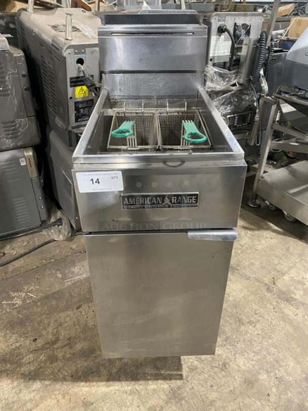 American Range stainless steel gas fryer, commercial, with backsplash, basket hanger, fry baskets, on legs, model visible.