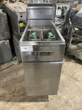 American Range stainless steel gas fryer, commercial, with backsplash, basket hanger, fry baskets, on legs, model visible.