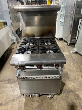 American Range stainless steel 4-burner gas range/oven combo with backsplash, overhead salamander shelf, wired oven rack, on casters.