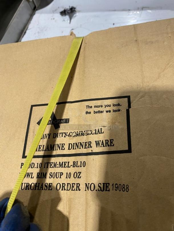 Adcraft Commercial Tan Melamine 10 Oz. Round Rimmed Soup Bowl, Model MELBL10T, shown in original packaging.