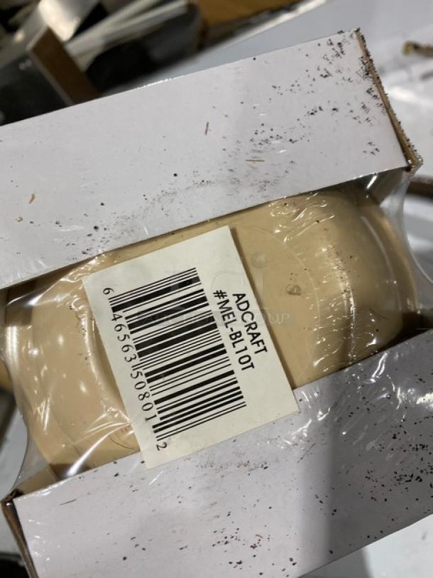 Adcraft Commercial Tan Melamine Soup Bowl, 10 Oz, Heavy-Duty, Rimmed, Model: MELBL10T, New, 12 per case, packaging label visible.