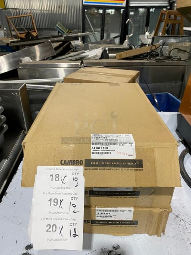 NEW Cambro 1418FF168 blue 14"x18" rectangular fast food serving tray in box. Includes 12 trays per bid.