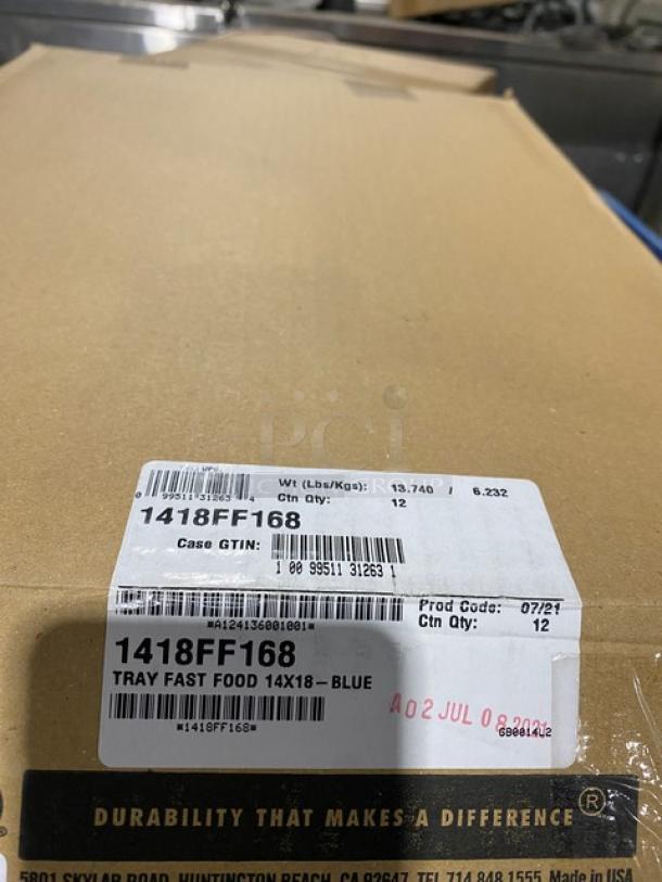 NEW Cambro Commercial Blue 14"x18" Tray, Model 1418FF168, durable, fast food/serving use, 12-pack, box label shows specs.