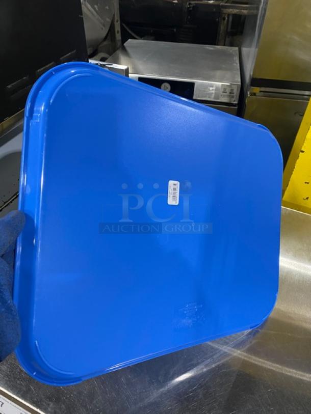 New Cambro blue rectangular serving tray, model 1418FF168, 14"x18", ideal for fast food settings, shown with label.