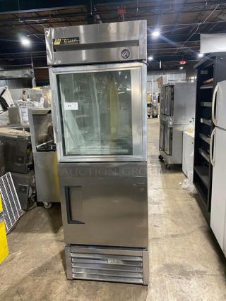 True T-23-1-G-1 commercial refrigerator, glass/solid half-door, stainless steel, includes poly-coated wire rack, model T231G1, 115V.