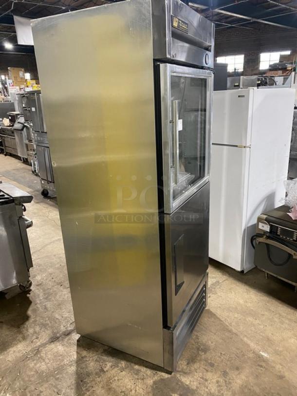 True Commercial Stainless Steel Refrigerator, Model T-23-1-G-1. Features glass/solid half-door, poly-coated wired rack.