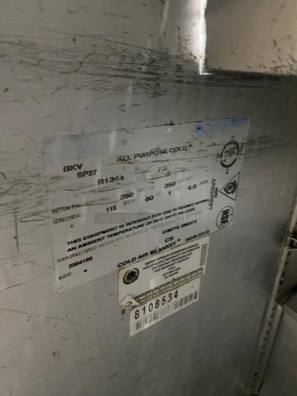 Beverage-Air SP27 refrigerated prep table, stainless steel, single door, includes poly-coated rack, on casters, 115V, SN: 8108534.