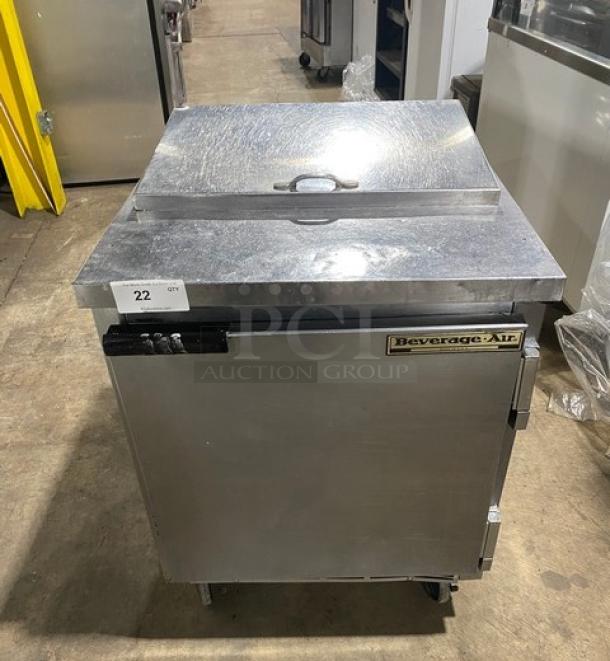 Beverage-Air SP27 refrigerated prep table, stainless steel, single door, poly coated rack, on casters, 115V, used.