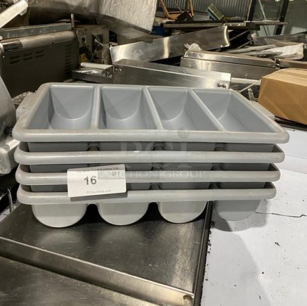 Rubbermaid Commercial gray cutlery organizing bin, Model FG336200GRAY, new condition, 4 compartments, stackable.
