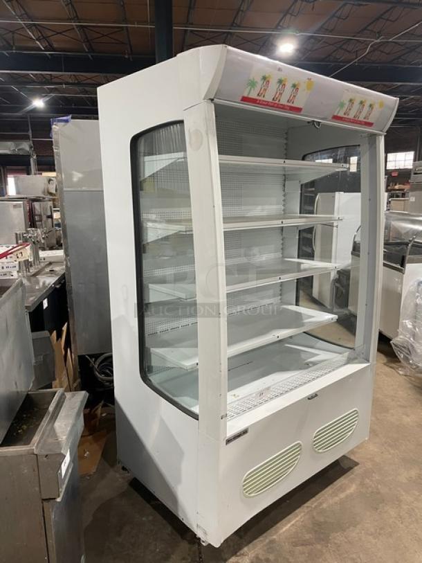 Beverage-Air MB13US refrigerated open display case, white, multi-tier, adjustable shelving, model number and SN visible, 115V.