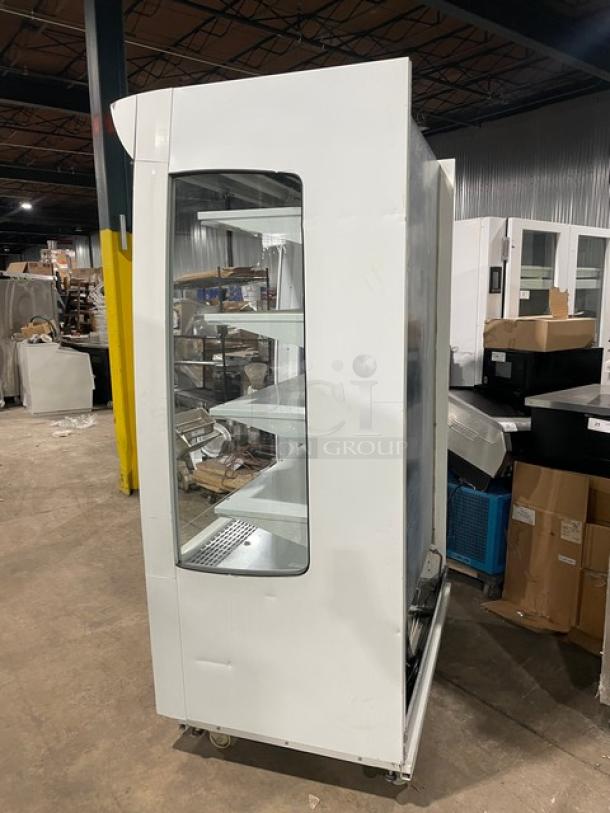 Beverage-Air Model MB13US refrigerated display case, white, multi-tier, adjustable shelving, 115V, commercial use.