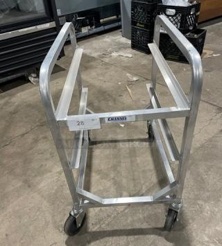 Channel commercial aluminum half-size heavy-duty lug rack on casters, marked "28 QTY." Rugged, lightweight, mobile.
